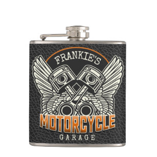 Custom NAME Pistons Wings Motorcycle Biker Garage Hip Flask
