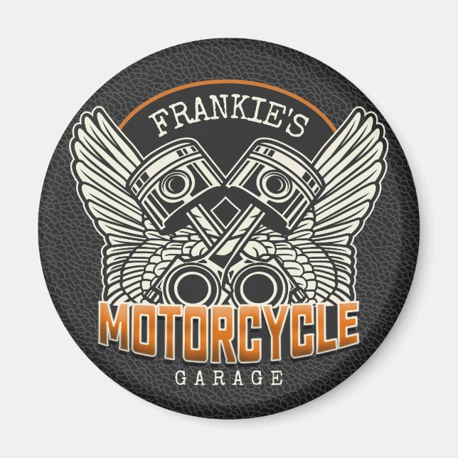 Custom NAME Pistons Wings Motorcycle Biker Garage Magnet (Front)