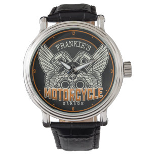 Custom NAME Pistons Wings Motorcycle Biker Garage Watch