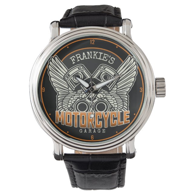 Custom NAME Pistons Wings Motorcycle Biker Garage Watch (Front)