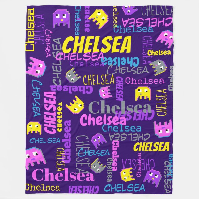 Custom name pixel gaming pink purple yellow girls fleece blanket (Front)