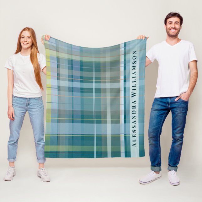 Custom Name Plaid Check Blue Teal Modern Stylish  Fleece Blanket (In Situ)