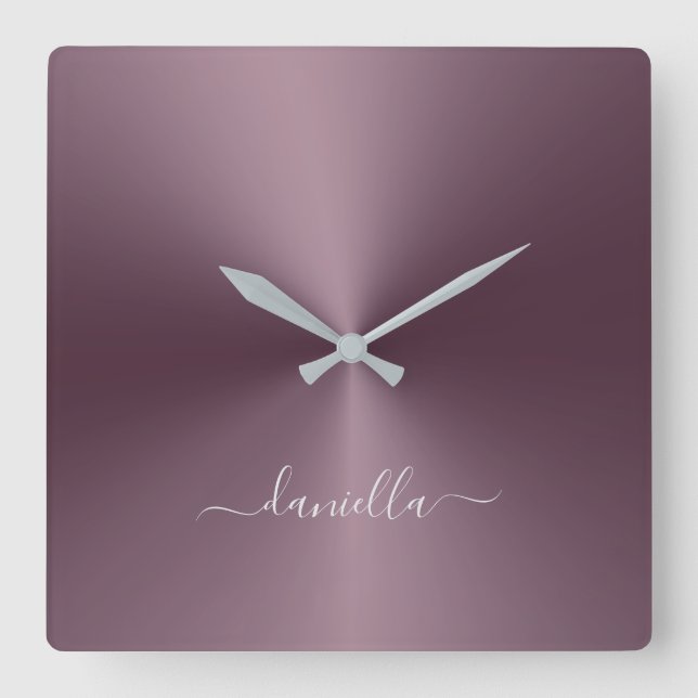 Custom Name Plum Metallic Style Acrylic Square Wall Clock (Front)