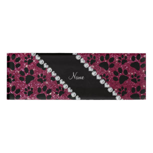 Custom name plum purple glitter black dog paws tag