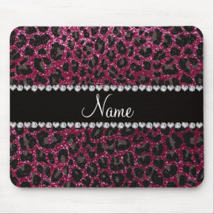 Custom name plum purple glitter leopard print mouse pad