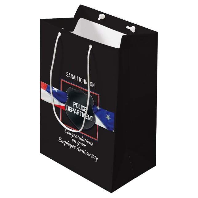 Custom Name, Police Employee Anniversary Medium Gift Bag (Front Angled)