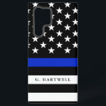 Custom Name Police Flag Samsung Galaxy Case<br><div class="desc">A custom name police flag Galaxy S22 Ultra Case. It features a cropped thin blue line police-themed American flag. In between the lines is a spot for your name or your gift recipient's name. Bold and vibrant and a way to show your love for the country and us law enforcement....</div>
