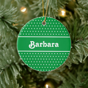 Custom Name Polka Dot Green and White Ceramic Tree Decoration
