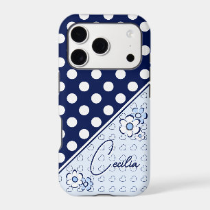 Custom Name Polka Dots Flowers And Hearts Blue