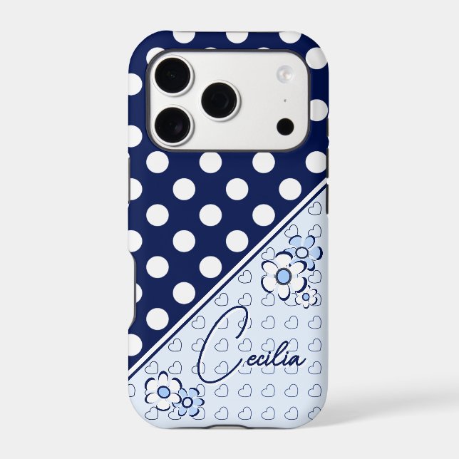 Custom Name Polka Dots Flowers And Hearts Blue (Back)