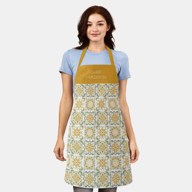 Custom Name Portugese Tiles Pattern Apron (Worn)