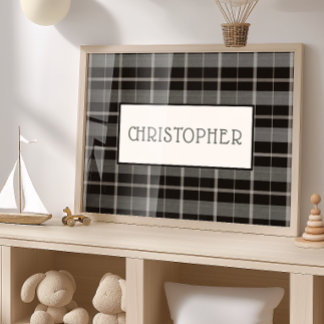 Custom Name Poster Gray Black Plaid Boys Nursery