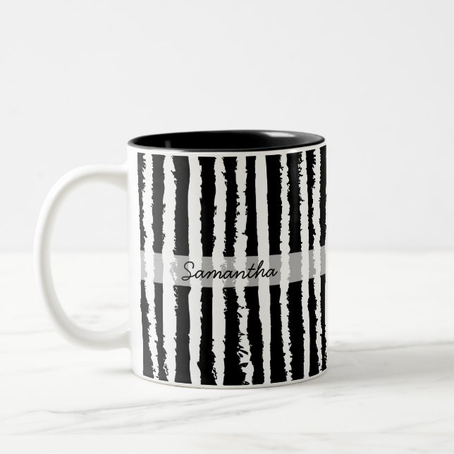 Custom Name Preppy Black White Striped  Two-Tone Coffee Mug (Left)