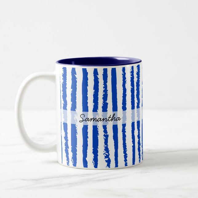 Custom Name Preppy Blue Striped  Two-Tone Coffee Mug (Left)