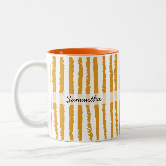 Custom Name Preppy Orange Striped  Two-Tone Coffee Mug (Left)