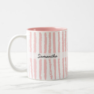 Custom Name Preppy Pink Striped Two-Tone Coffee Mug