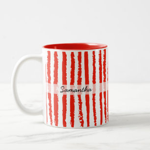 Custom Name Preppy Red Striped Two-Tone Coffee Mug