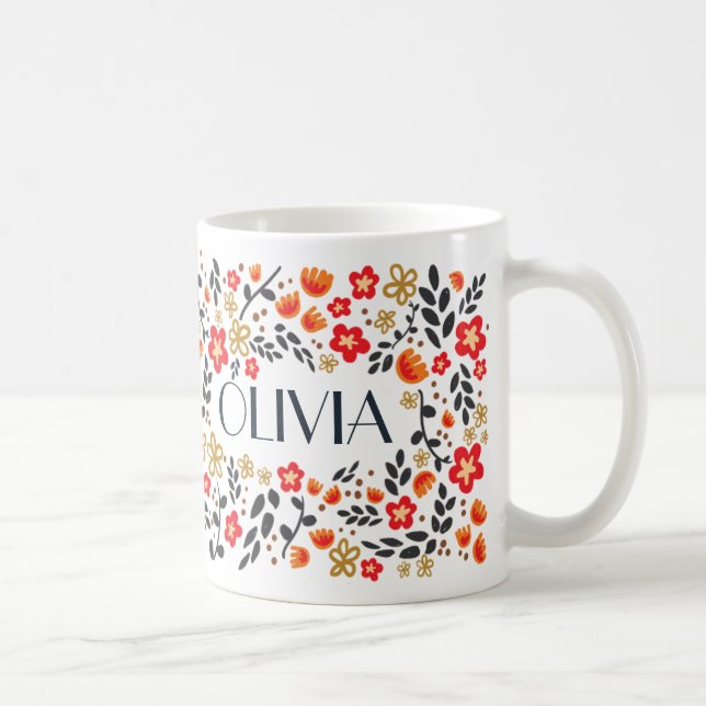 Custom Name Pretty Floral Red Colourful Girly Mug (Right)