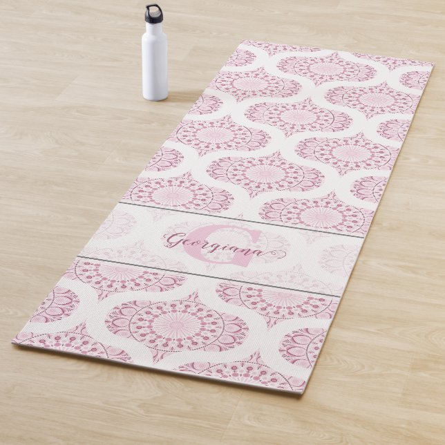 Custom Name Pretty Pink 70s Confetti Lace Mandala Yoga Mat (In Situ)