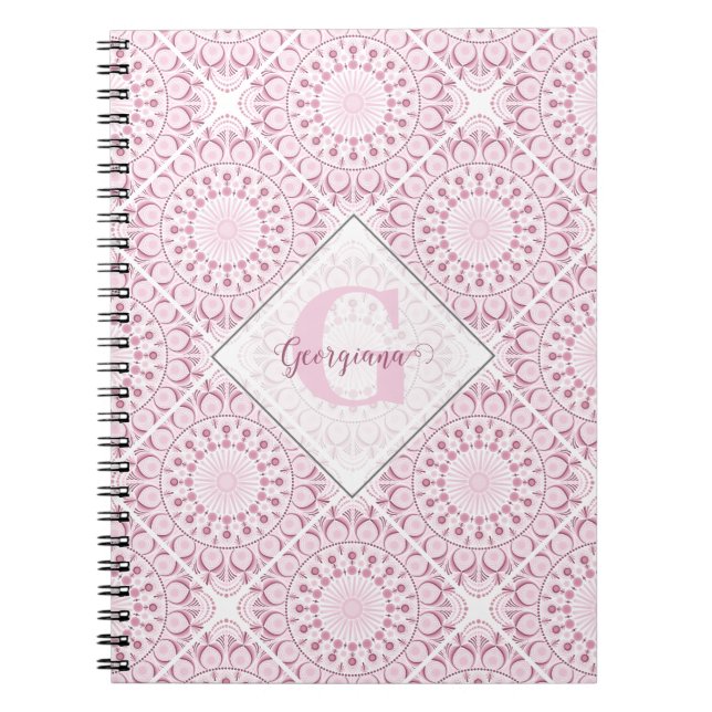 Custom Name Pretty Pink Confetti Lace Mandala Tile Notebook (Front)