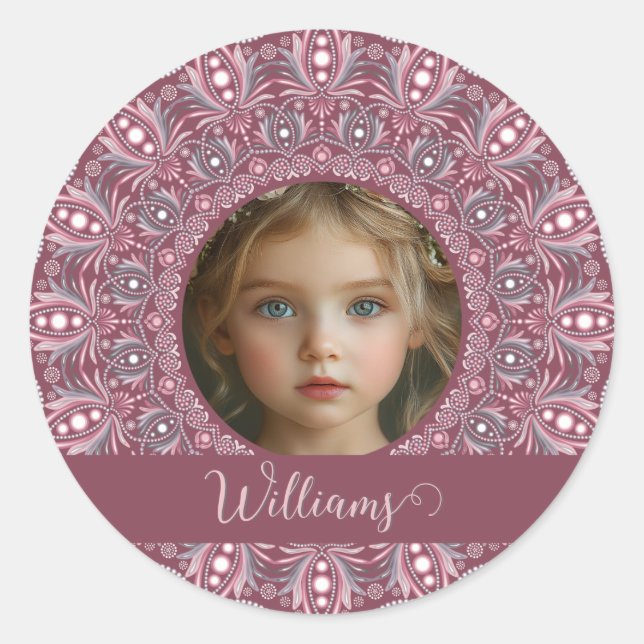 Custom Name Pretty Pink Floral Mandala Photo Frame Classic Round Sticker (Front)