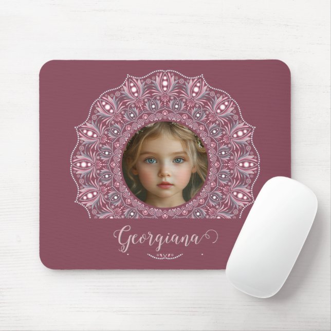 Custom Name Pretty Pink Floral Mandala Photo Frame Mouse Pad (With Mouse)