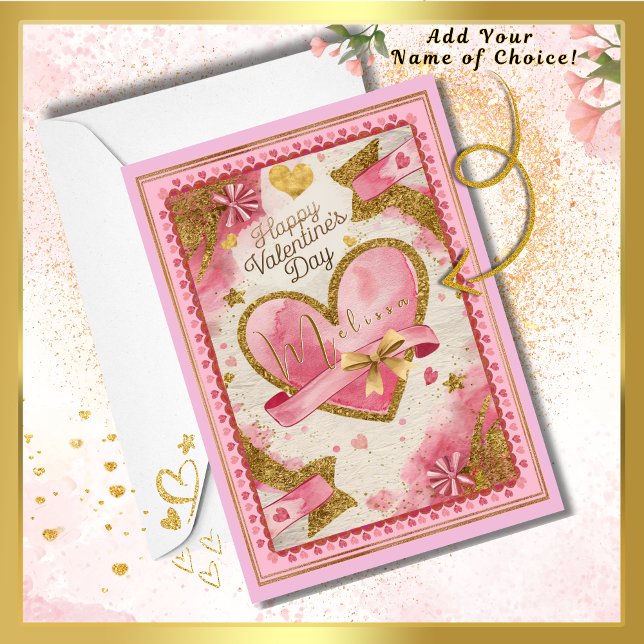 Custom Name Pretty Pink Gold Hearts Valentines Day Card (Express your love on Valentine's Day! Gorgeous pink & gold heart card to surprise your loved one!)