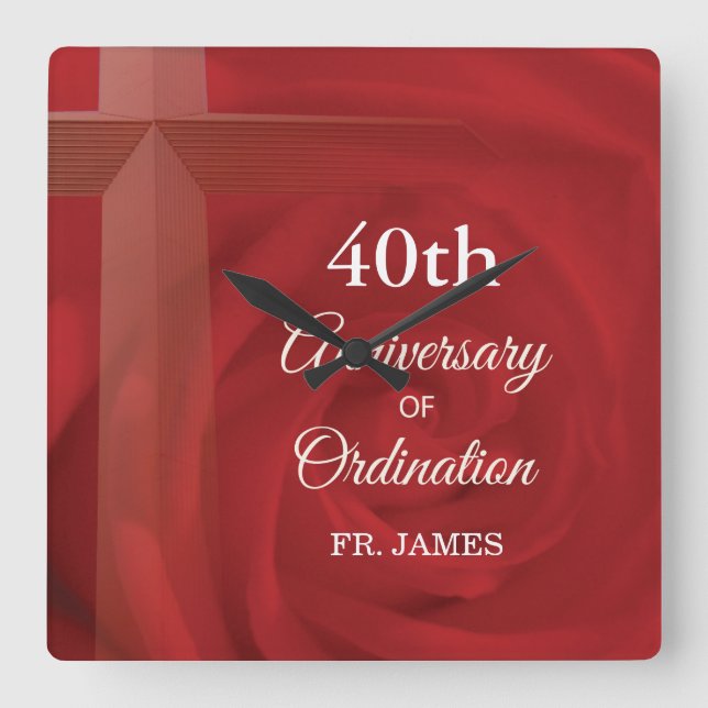 Custom Name Priest Anniversary Ordination Red Rose Square Wall Clock (Front)