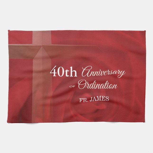 Custom Name Priest Anniversary Ordination Red Rose Tea Towel (Horizontal)
