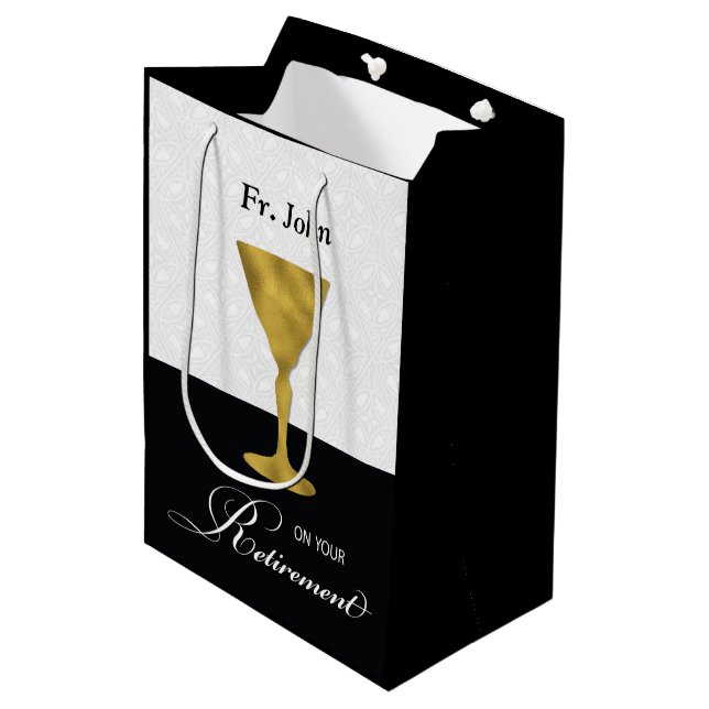 Custom Name Priest Retirement, Gold Chalice Medium Gift Bag (Front Angled)