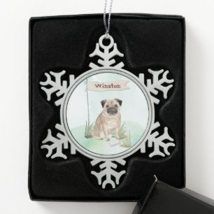 Custom Name Pug Pet Dog Snowflake Pewter Christmas Ornament