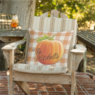 Custom Name Pumpkin Fall Orange Gingham Pattern Cushion