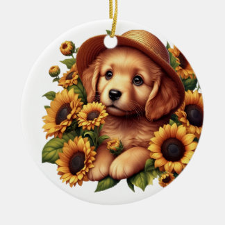 Custom name puppy wearing a hat sunflowers ceramic tree decoration