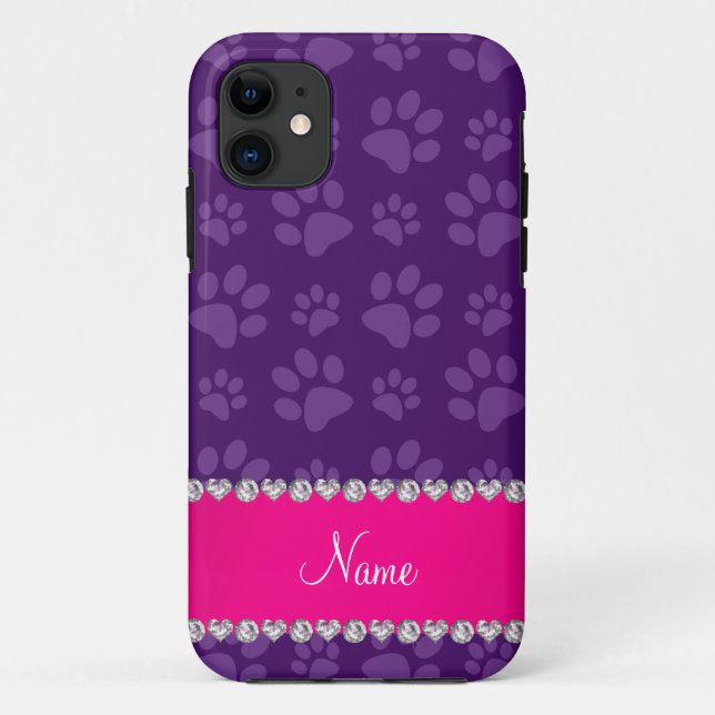 Custom name purple dog paw prints pink stripe Case-Mate iPhone case (Back)