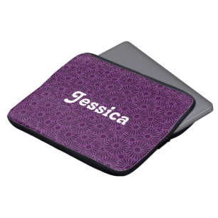 Custom name purple flowers on black laptop sleeve