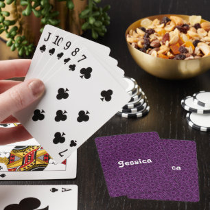 Custom name purple flowers on black playing cards