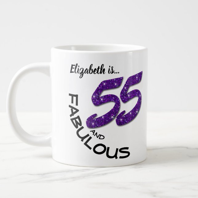 Custom Name Purple Glitter 55 Year-Old Birthday Large Coffee Mug (Left)