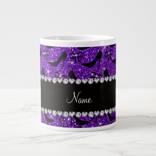 Custom name purple glitter black high heels bow large coffee mug (Front)