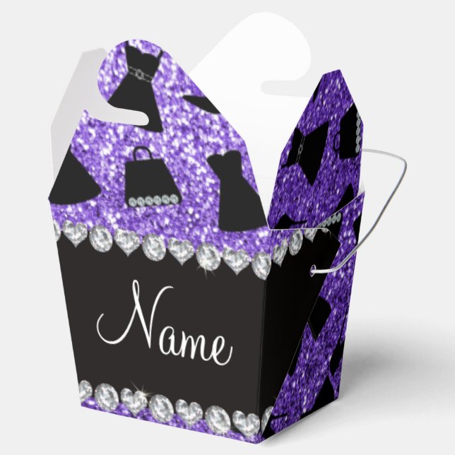 Custom name purple glitter high heels dress purse favour box (Opened)
