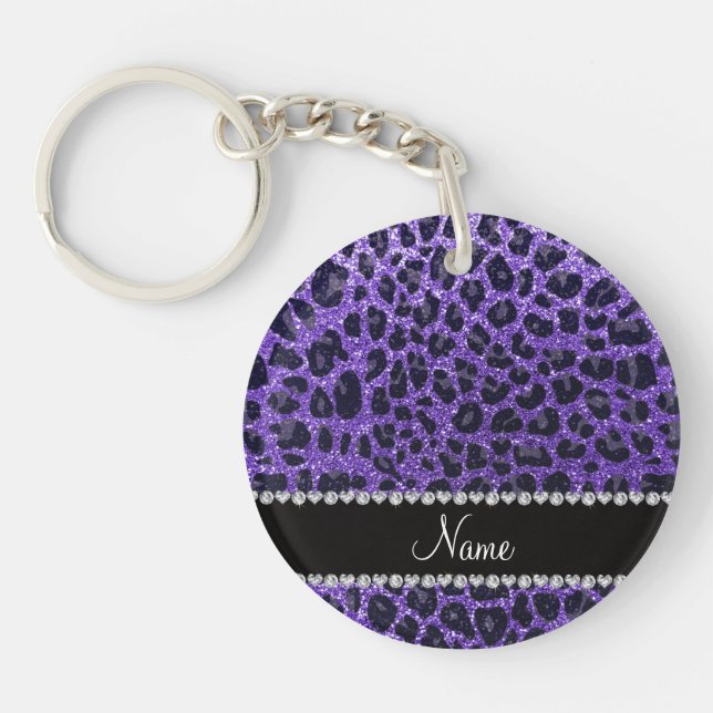 Custom name purple glitter leopard spots key ring (Front)