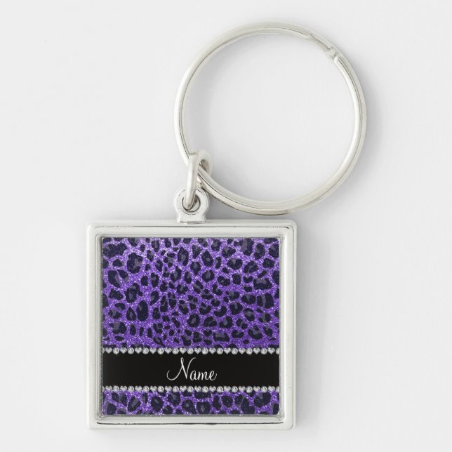 Custom name purple glitter leopard spots key ring (Front)