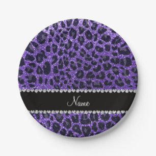 Custom name purple glitter leopard spots paper plate