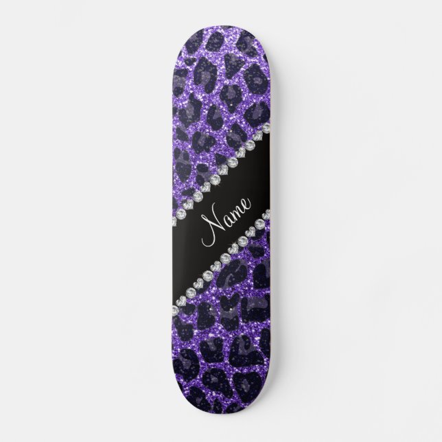 Custom name purple glitter leopard spots skateboard (Front)