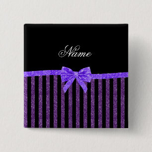 Custom name purple glitter stripes glitter bow 15 cm square badge