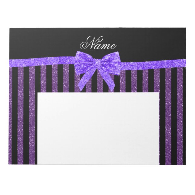 Custom name purple glitter stripes glitter bow notepad (Front)