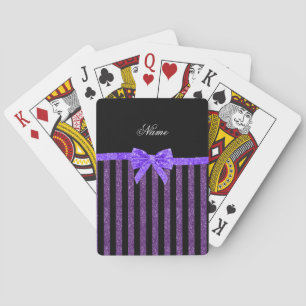 Custom name purple glitter stripes glitter bow playing cards
