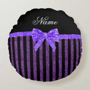 Custom name purple glitter stripes glitter bow round cushion