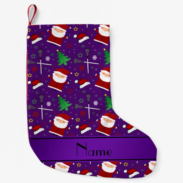 Custom name purple lacrosse christmas pattern small christmas stocking (Front)