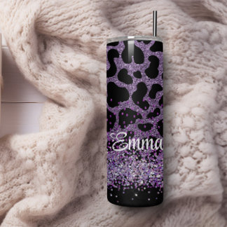 Custom name Purple Leopard glitter Skinny Tumbler