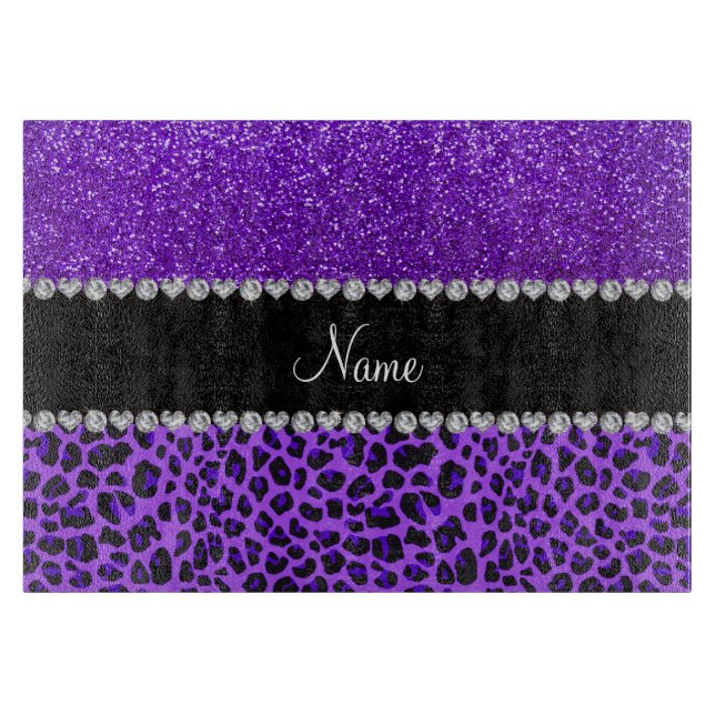 Custom name purple leopard indigo purple glitter cutting board (Front)